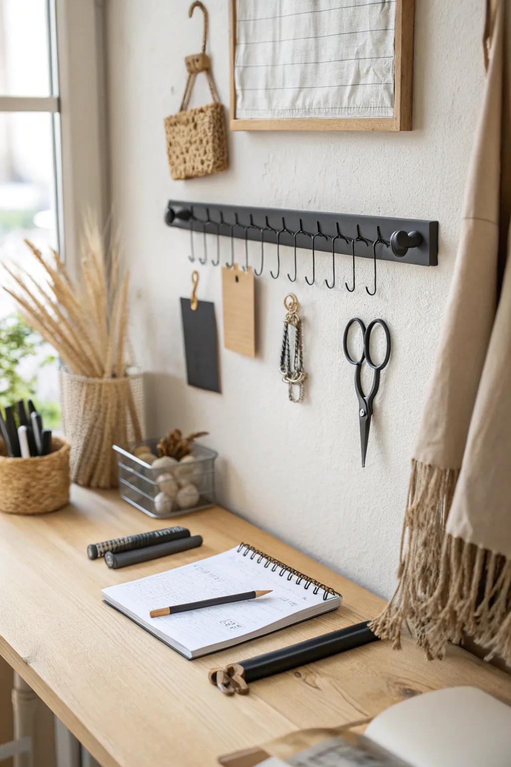 A sleek magnetic wall strip keeps tiny office tools tidy—minimal, chic, and satisfying.