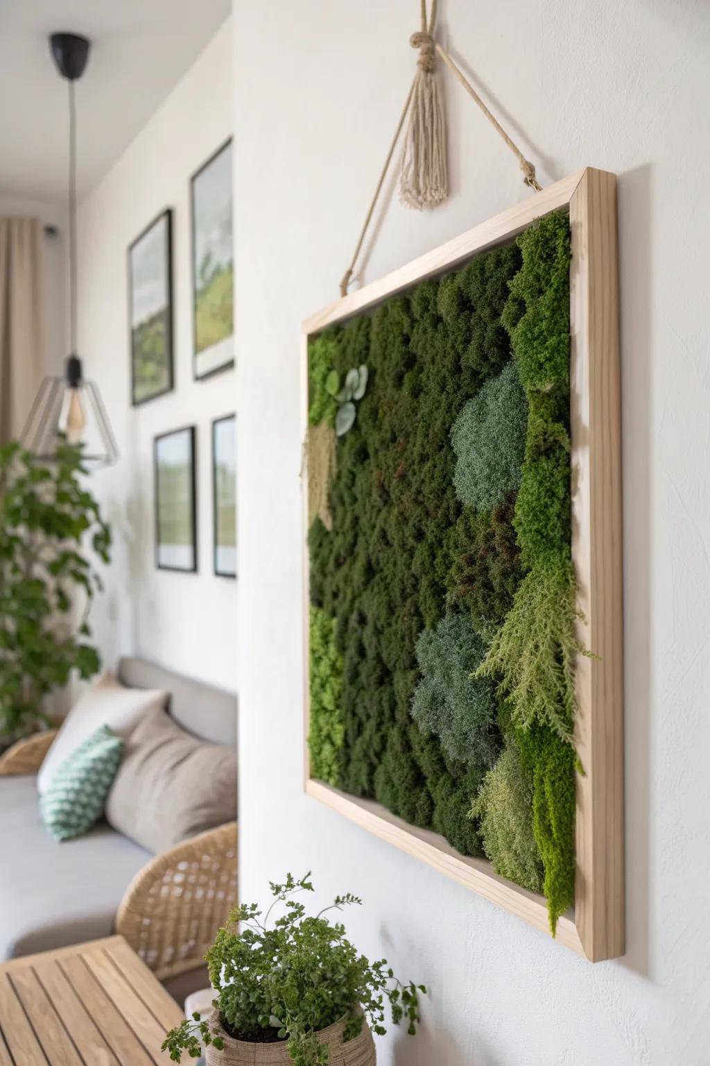 A lush moss wall panel adds cozy texture and greenery—perfect for dark, small-space corners.