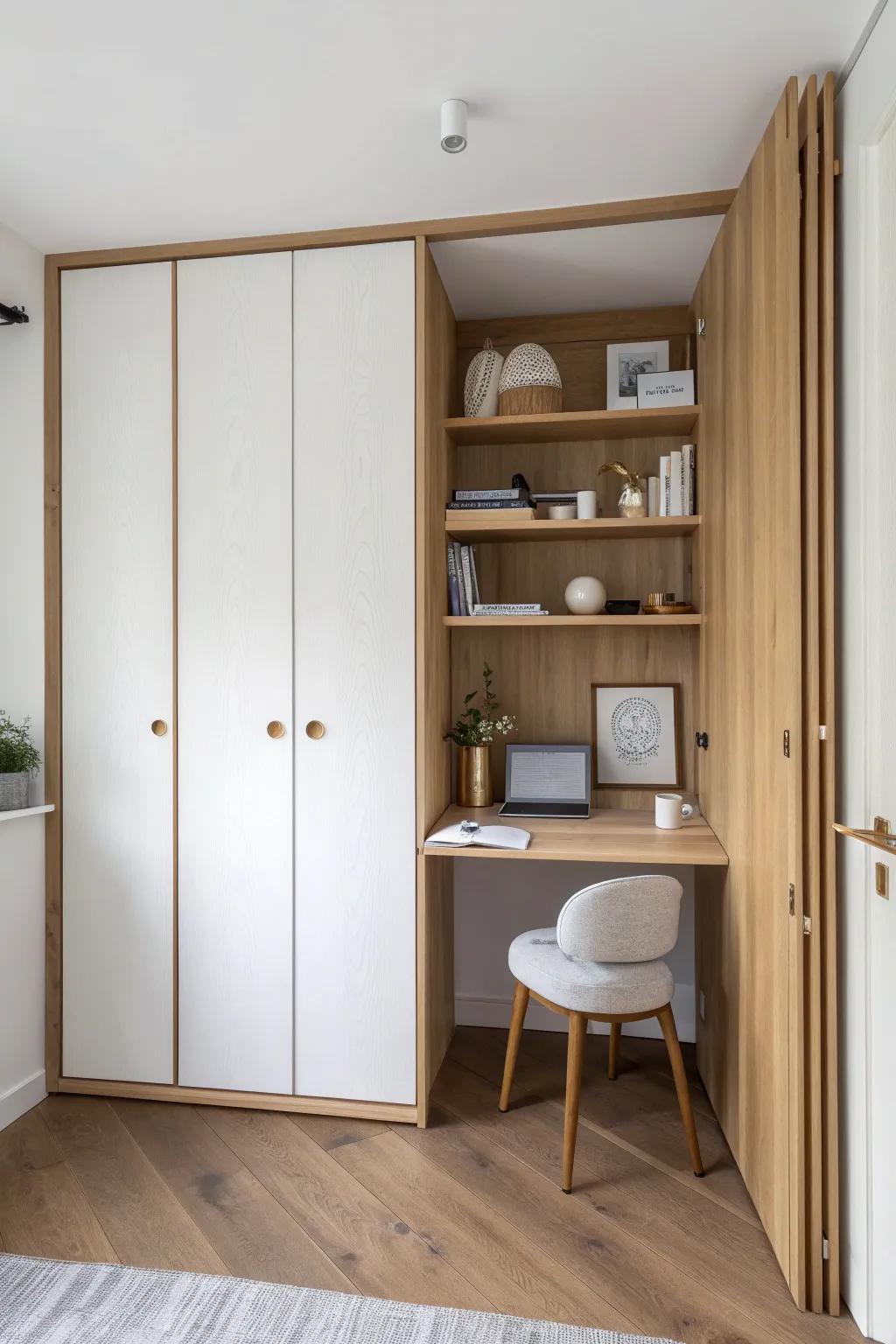 A fold-down desk hidden inside the closet—instant home office, zero floor space lost.