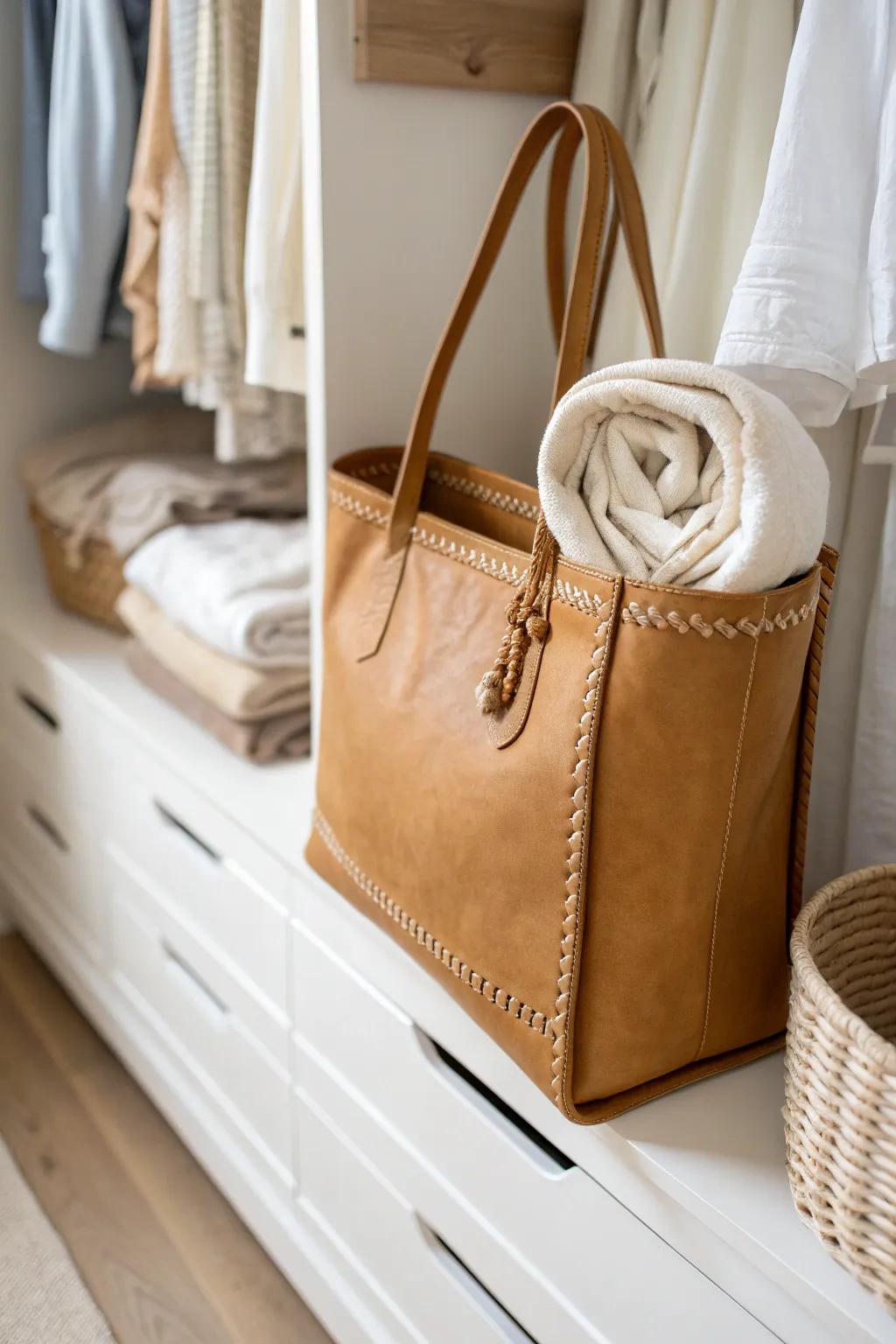 Stuff your handbags with soft tees to keep their shape and your wardrobe shelves serene.