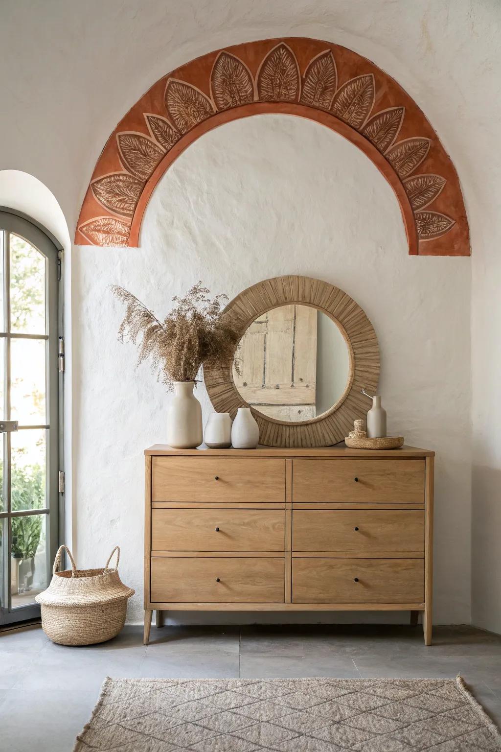 A painted arch behind your dresser creates an installed look and beautifully frames a mirror.