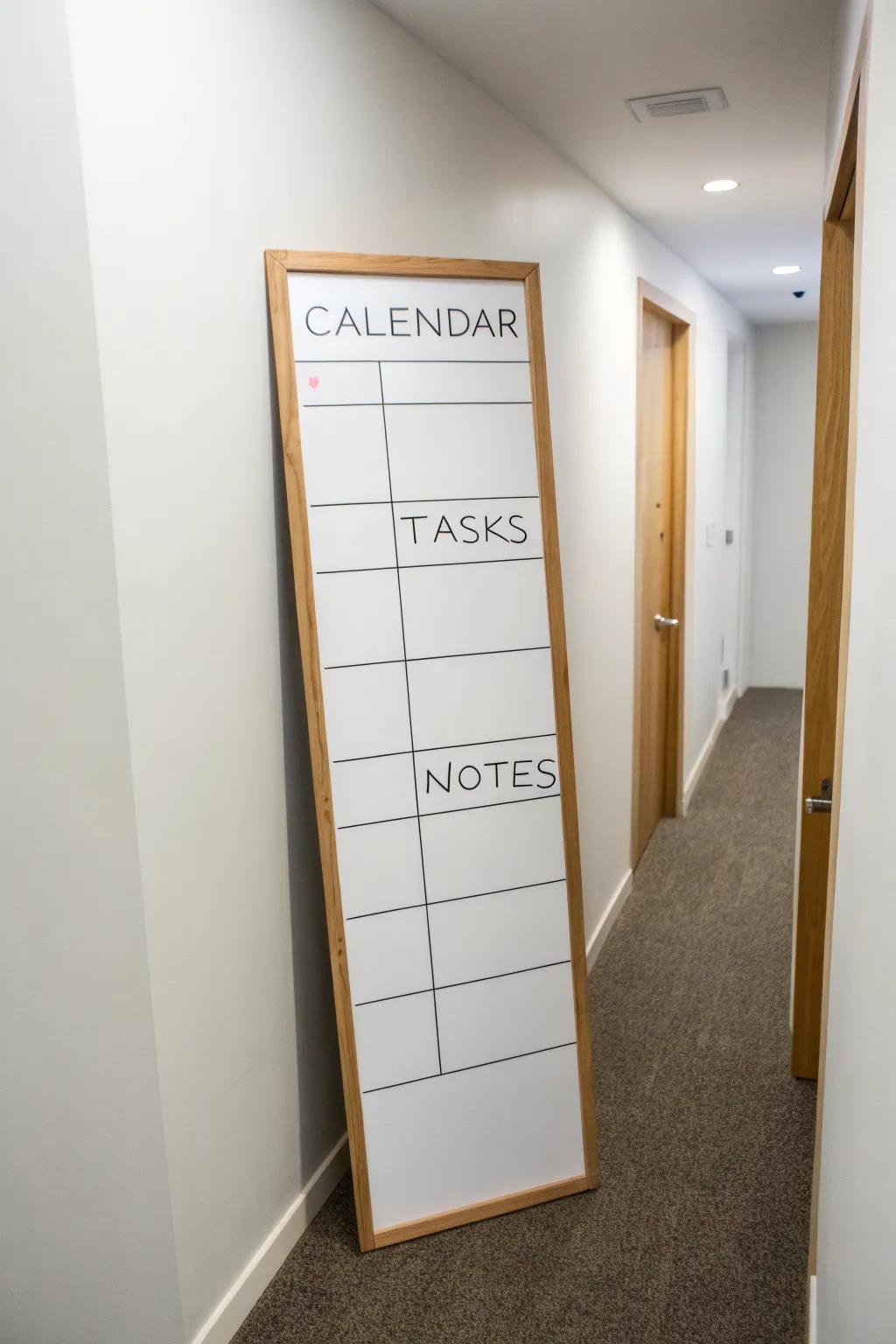 Vertical whiteboard = big organization in a tiny hallway—calendar, tasks, notes stacked neatly.