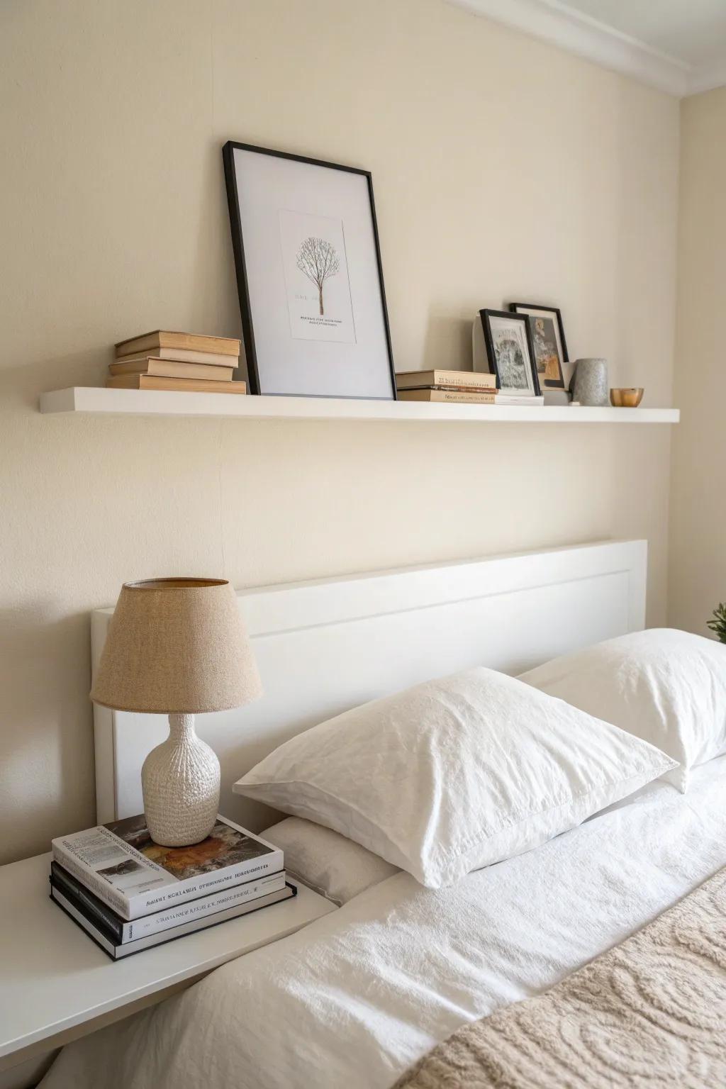 A floating white shelf replaces the headboard—perfect for art, a lamp, and a few books.