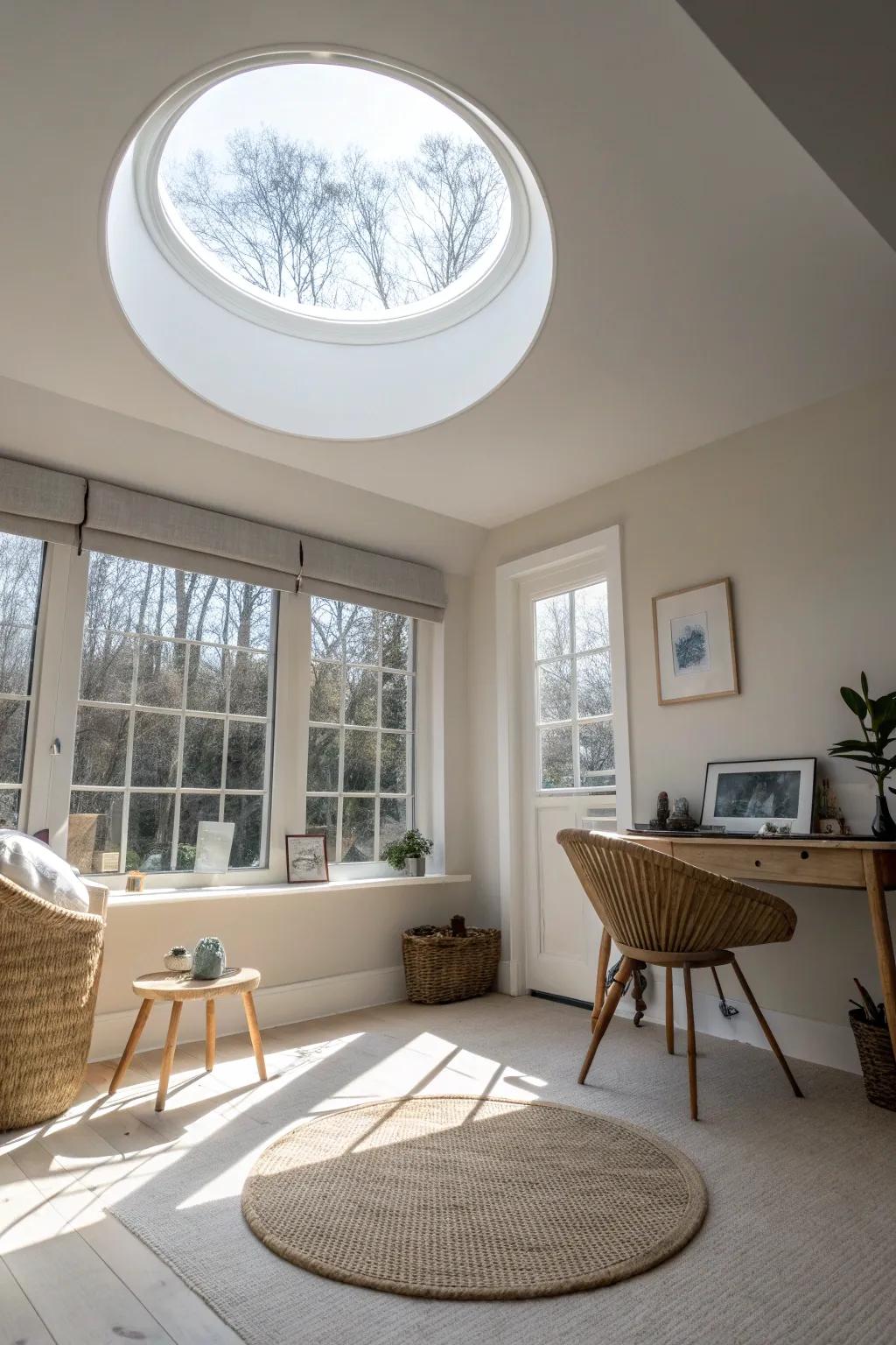 A sun tunnel ceiling diffuser brings real daylight to a windowless office—bright, calm, natural.