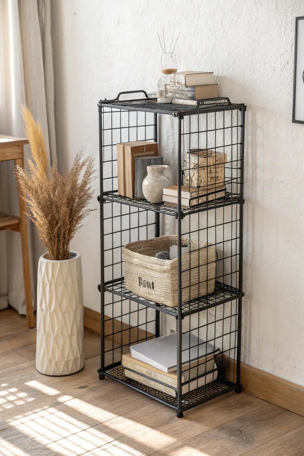 Stackable wire crates make a chic modular bookshelf—move, restack, and grow with your reads.