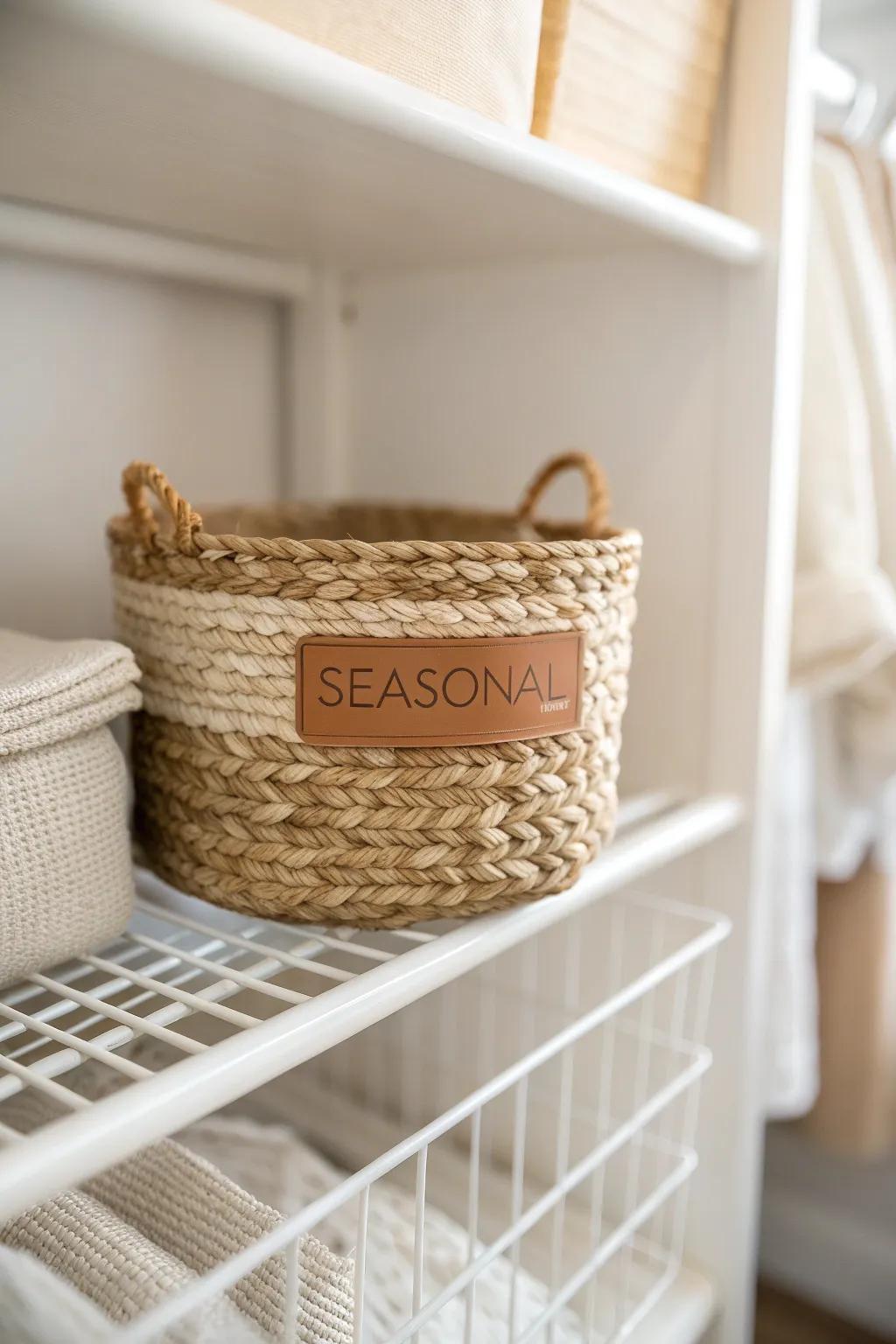 Use the top wire shelf as a seasonal swap zone—one labeled bin keeps your closet feeling spacious.