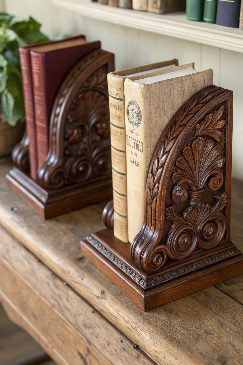 Elevate your bookshelf with the timeless elegance of carved bookends.