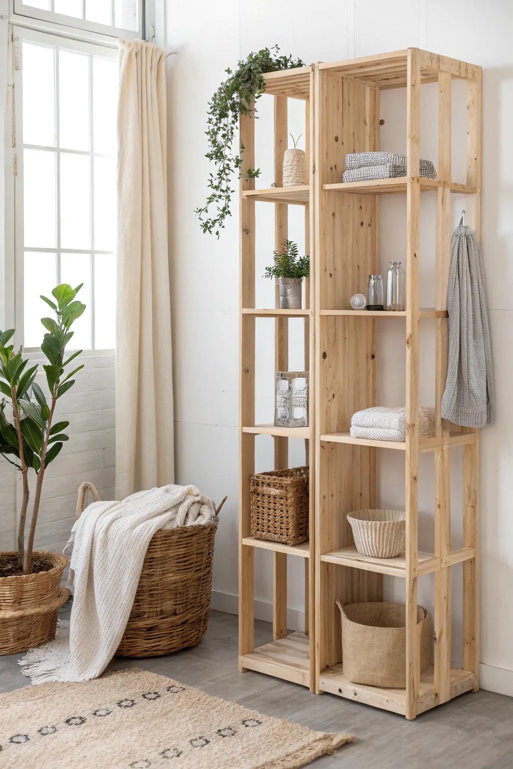 Wood-crate room divider: airy grid storage that separates zones without blocking light.