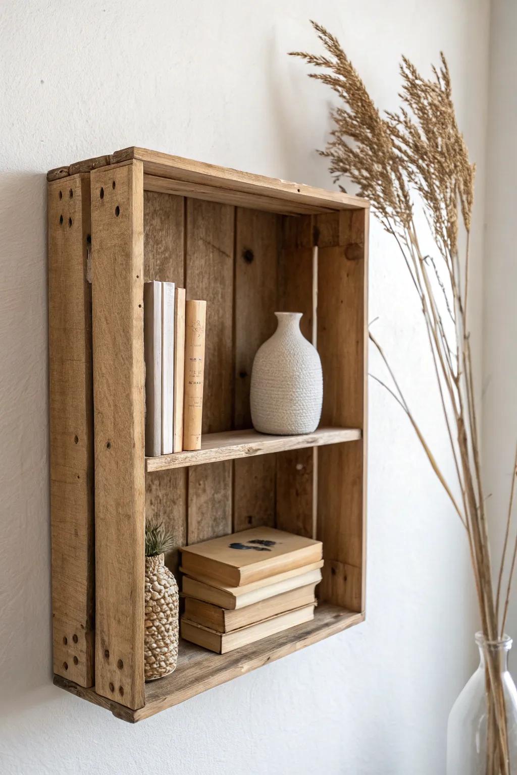 Floating crate wall cube: minimalist shelf styling that adds storage without floor clutter.