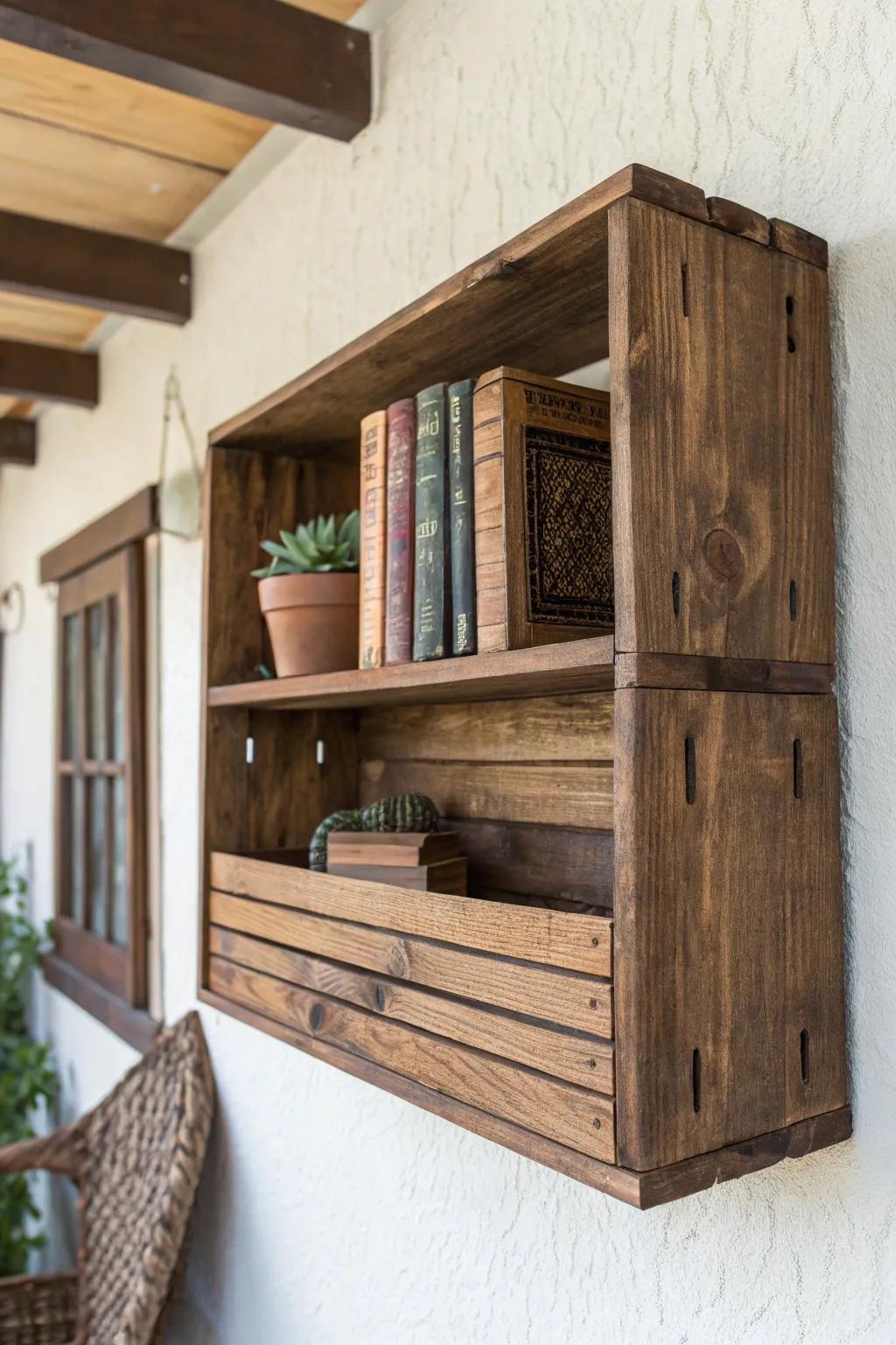 Elevate your space with the elegance of craftsmanship: a wooden crate that defies gravity as a floating shelf.