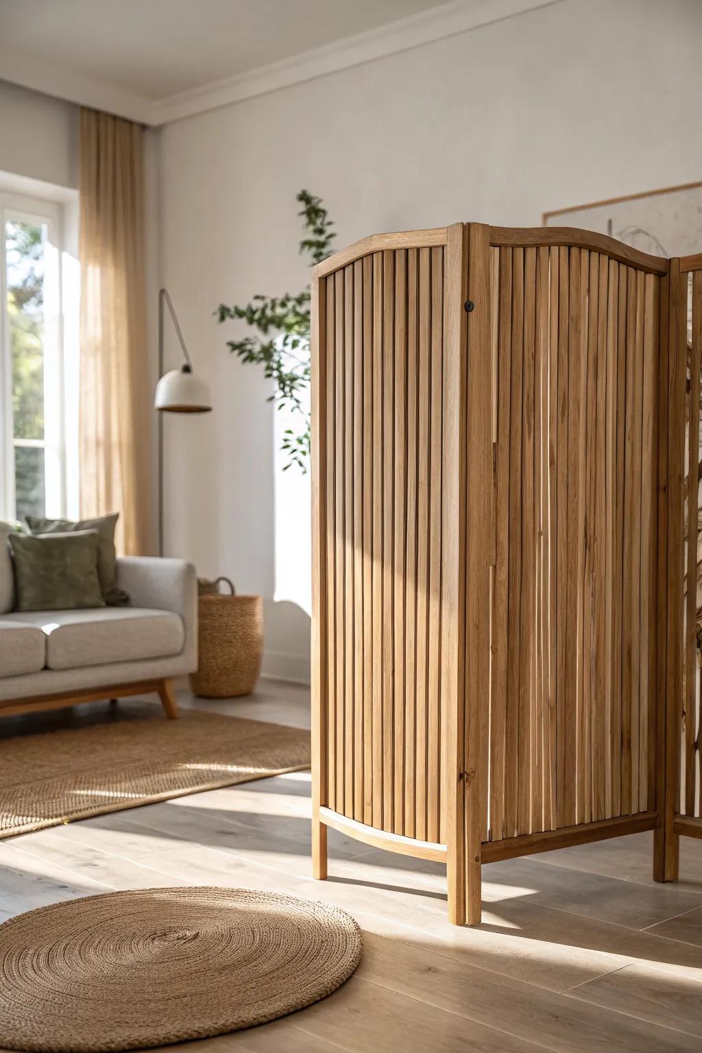 Wavy-top wooden partition: soft curves that elevate a small living room with designer polish.