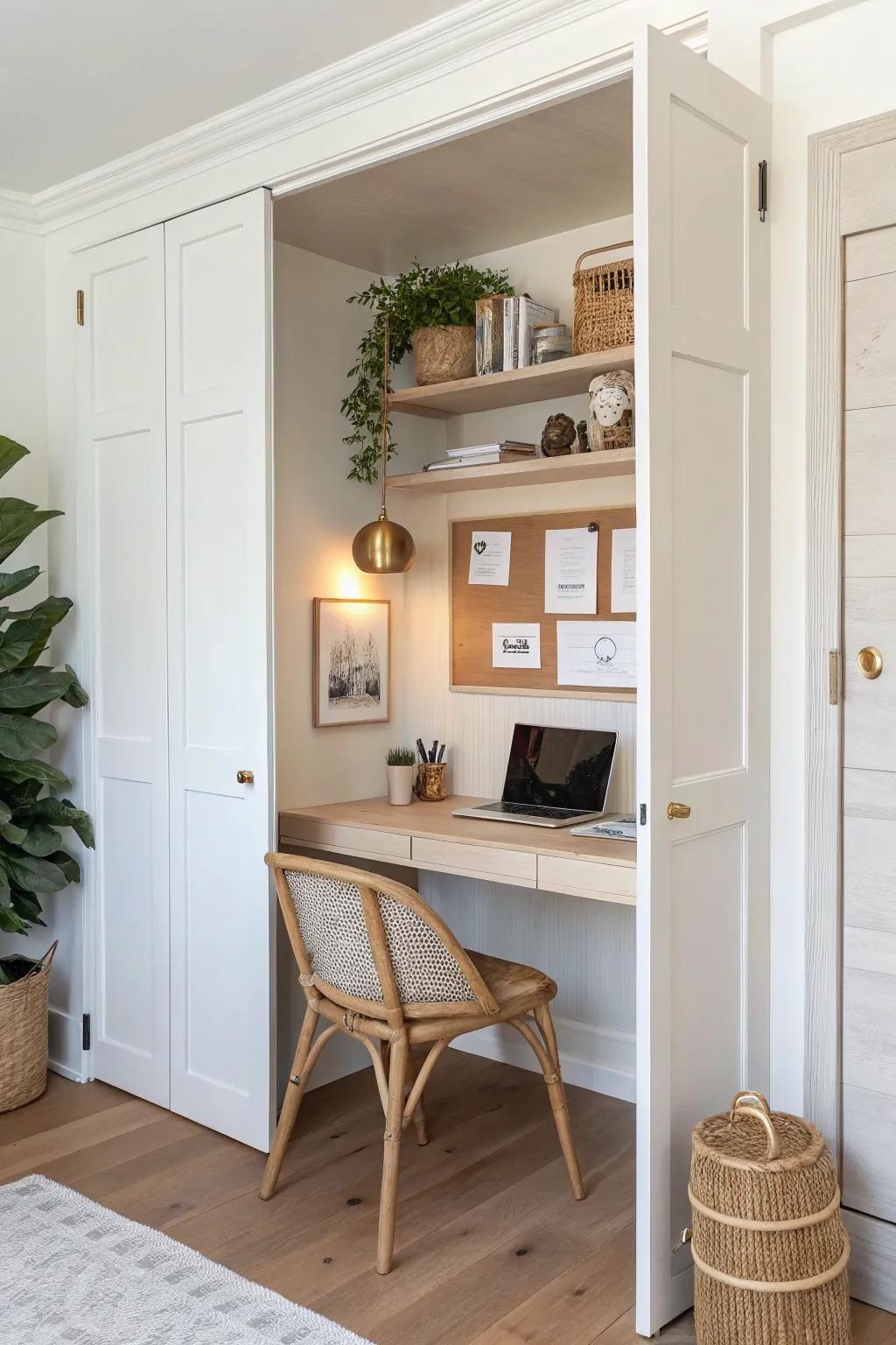 Turn a closet into a cozy micro office—shut the doors and your workday disappears.