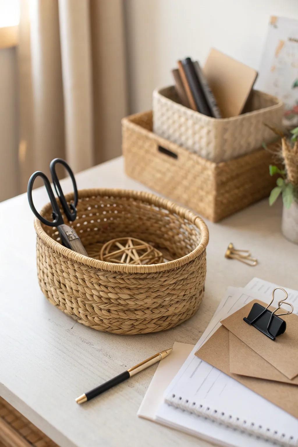 A simple reset basket to sweep desk clutter away—two minutes tonight, calm tomorrow.