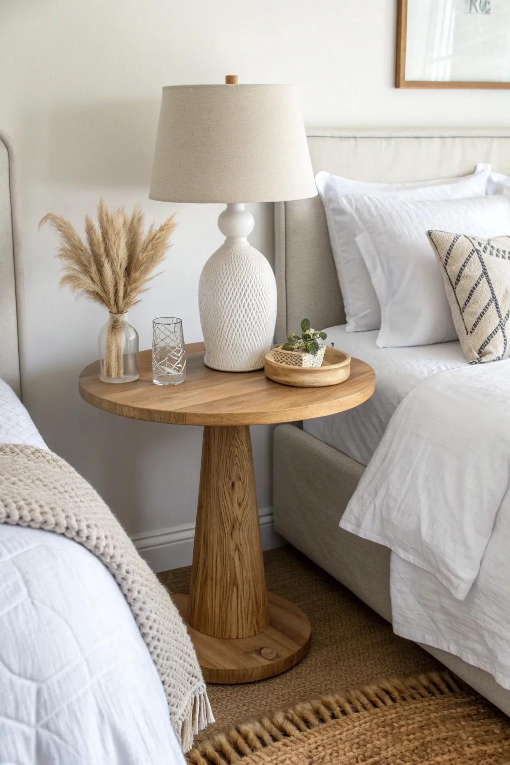 A boutique trick: a statement center table draws two angled full beds into a cohesive layout.