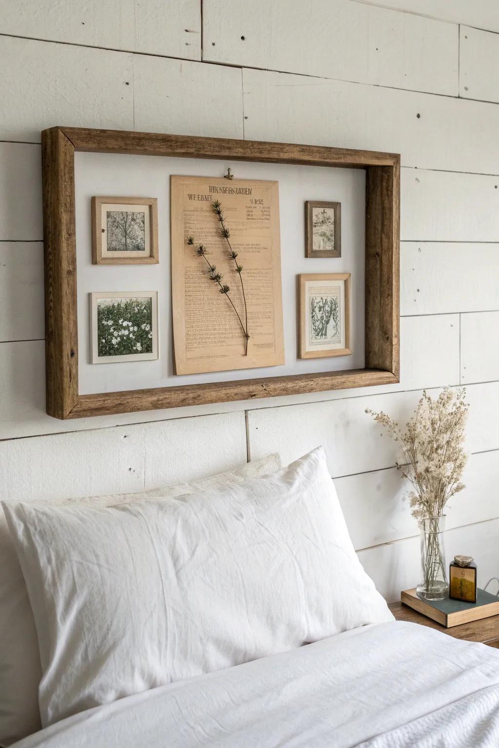 A handcrafted shadowbox above the bed—tiny keepsakes and dried blooms, beautifully displayed.