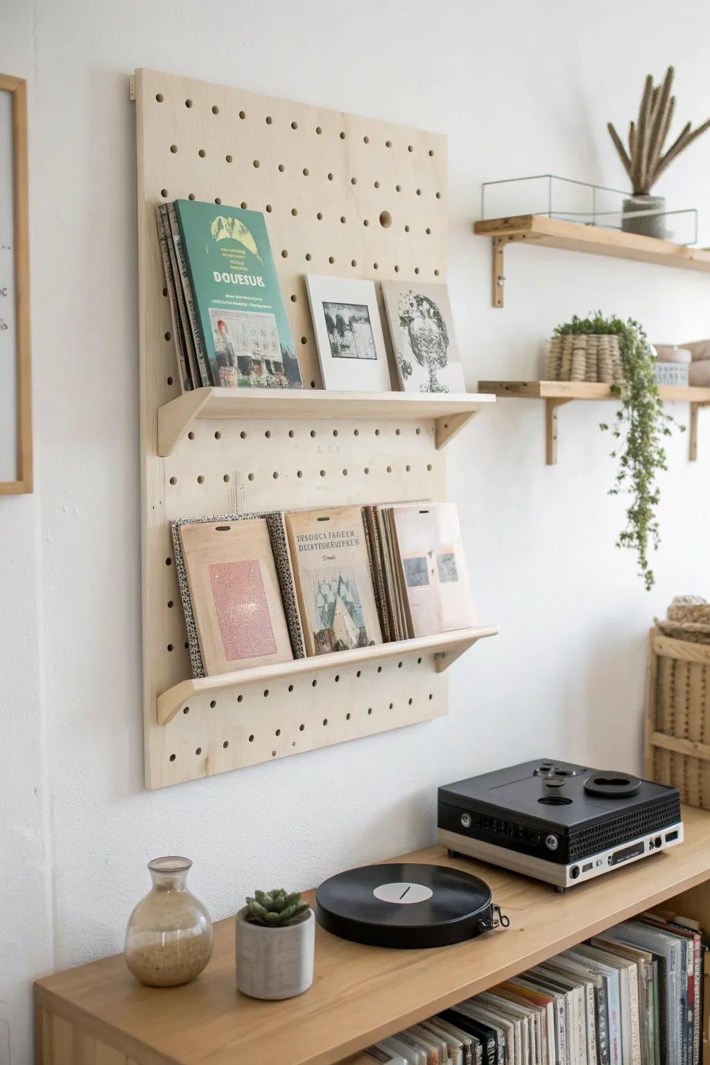 Renter-friendly pegboard album wall—adjustable slots to rotate your favorite covers in minutes.