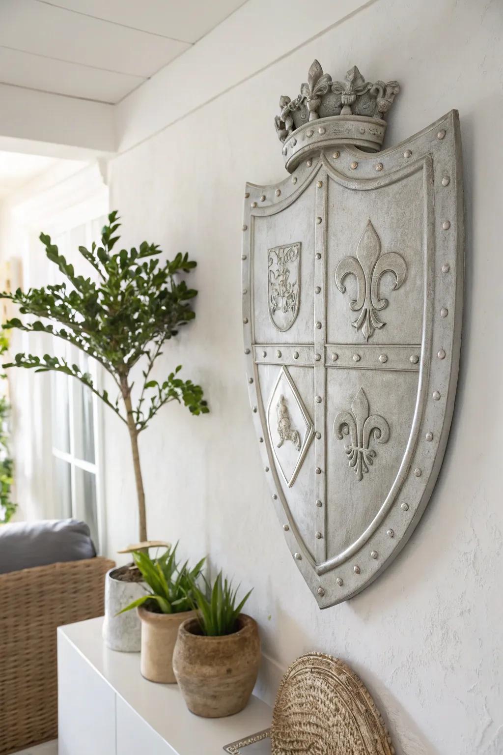 Celebrate heritage with minimalist elegance: a handcrafted aluminum coat of arms.