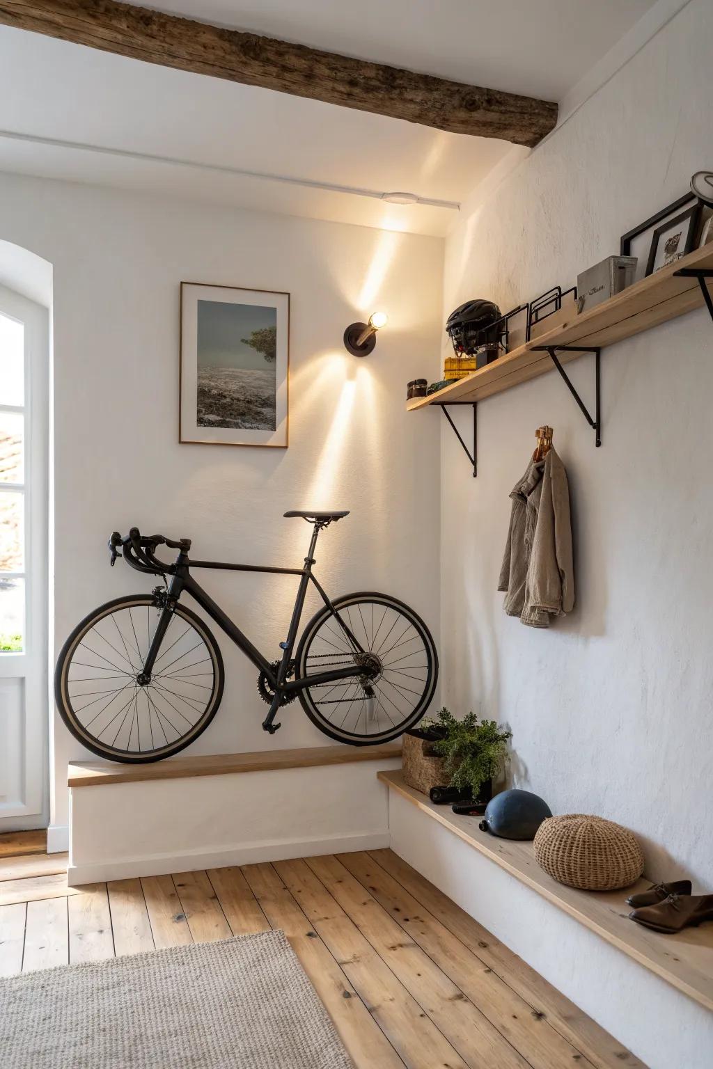 Turn your bike into art: a gallery wall mount with a picture light and a tiny helmet shelf.
