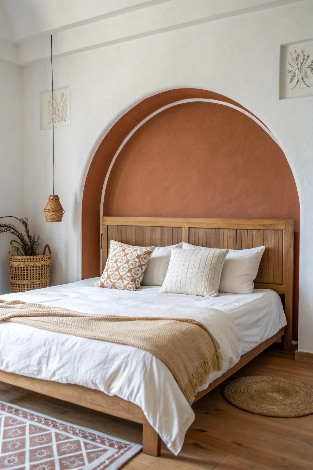 A crisp terracotta half-arch instantly fakes a headboard—big style impact for small bedrooms.