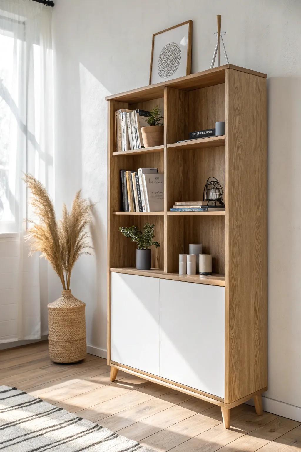 A light oak half wall with shelving: zone your studio bedroom without blocking the sunlight.