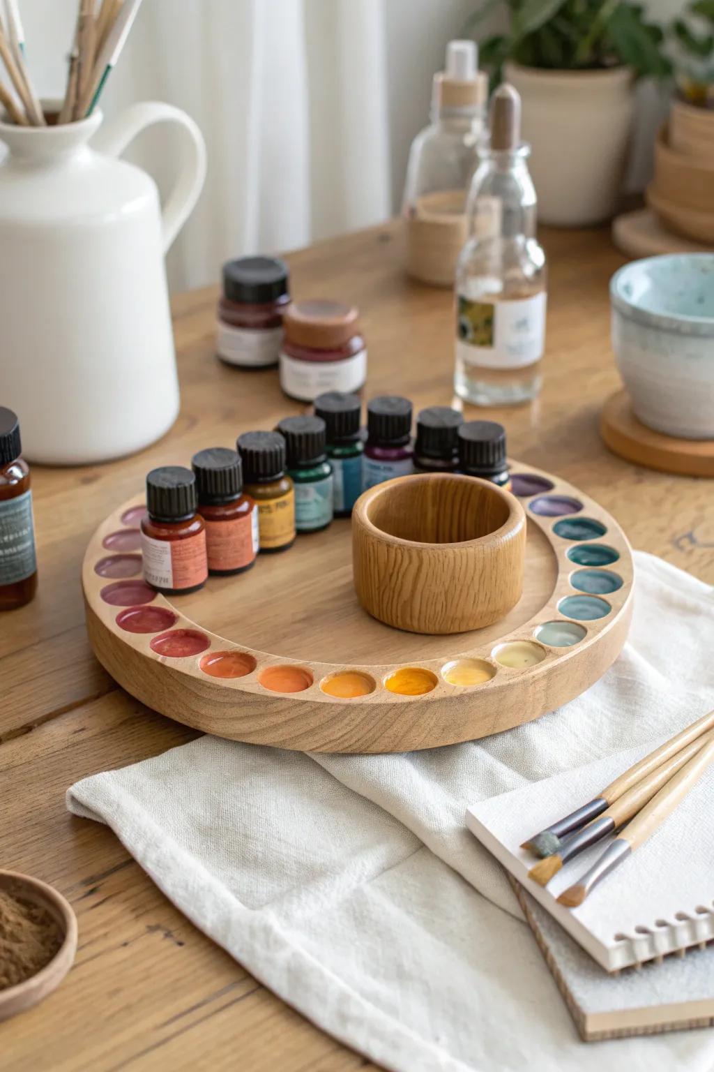 A rotating lazy susan “color bar” keeps inks and paints visible, sorted warm-to-cool.