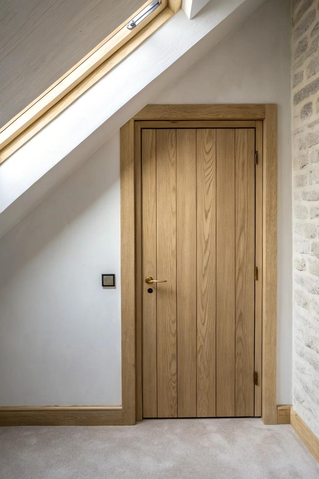 A seamless attic wall door that hides extra storage—minimal, warm, and beautifully discreet.