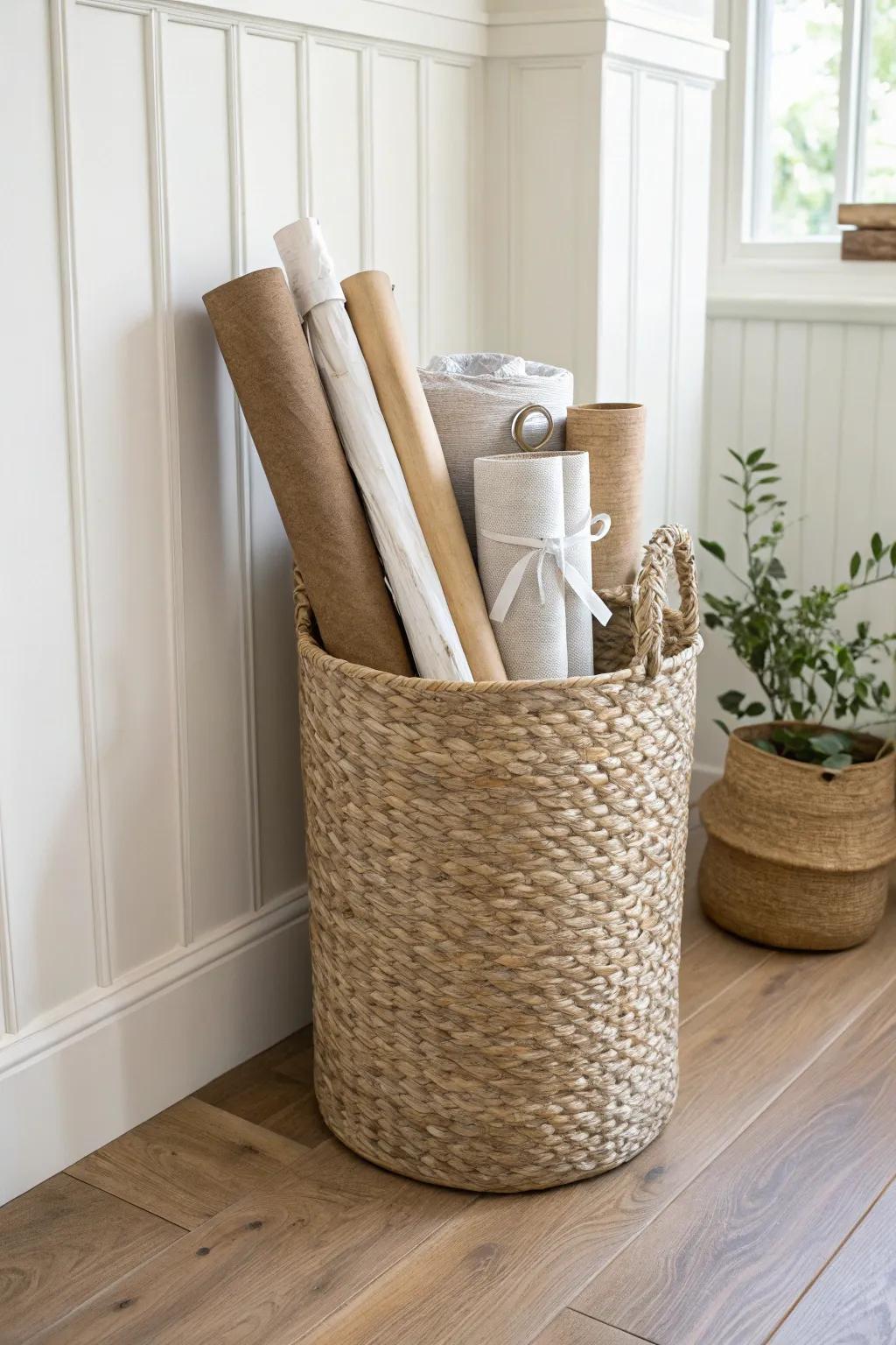 Turn an awkward corner into a chic gift-wrap station—store paper upright in a woven bin.