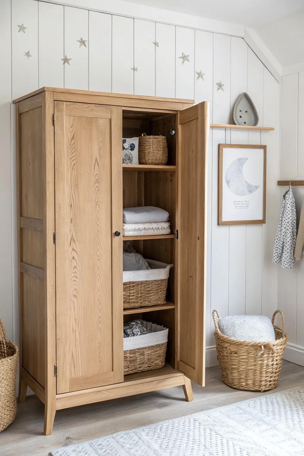 Turn a wardrobe into a cozy baby boy nursery nook—changing shelf, baskets, sweet print.