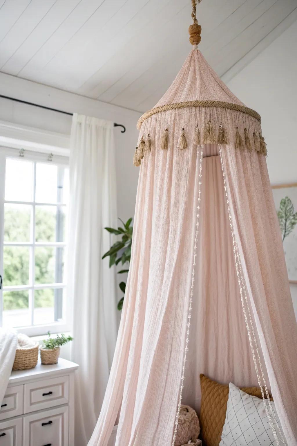 A blush sheer ceiling canopy adds dreamy baby-girl charm and instant height in tiny nurseries.