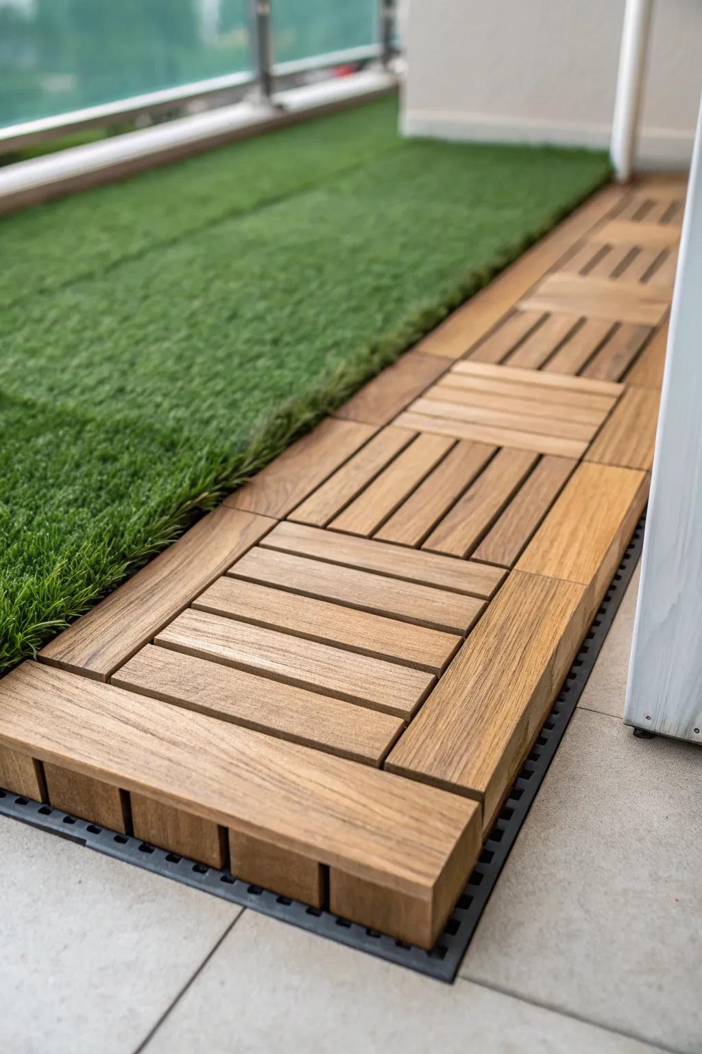 Two-zone balcony flooring: warm deck tiles meet soft turf for an instant ‘room’ effect.