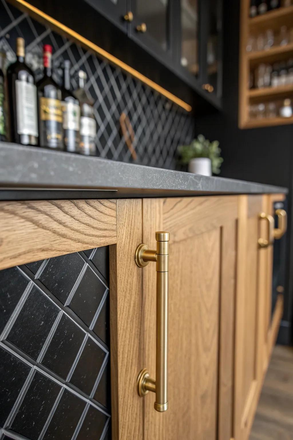 Moody dark tile + warm brass hardware turns a tiny bar nook into a chic destination.