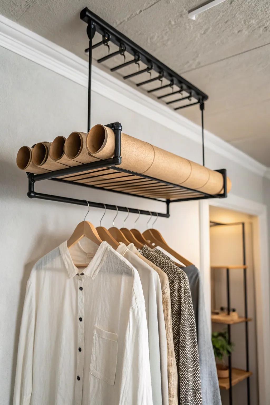 Free up basement closet floor space with a sleek ceiling-hung rack for bulky items.