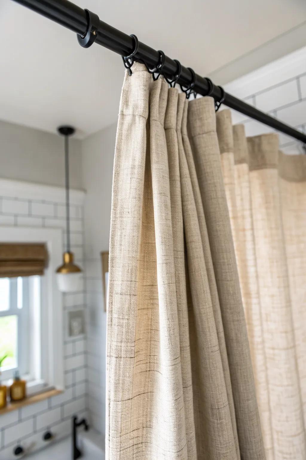 Ceiling-mounted linen curtain creates a soft, flexible divider for tiny bath-closet combos.