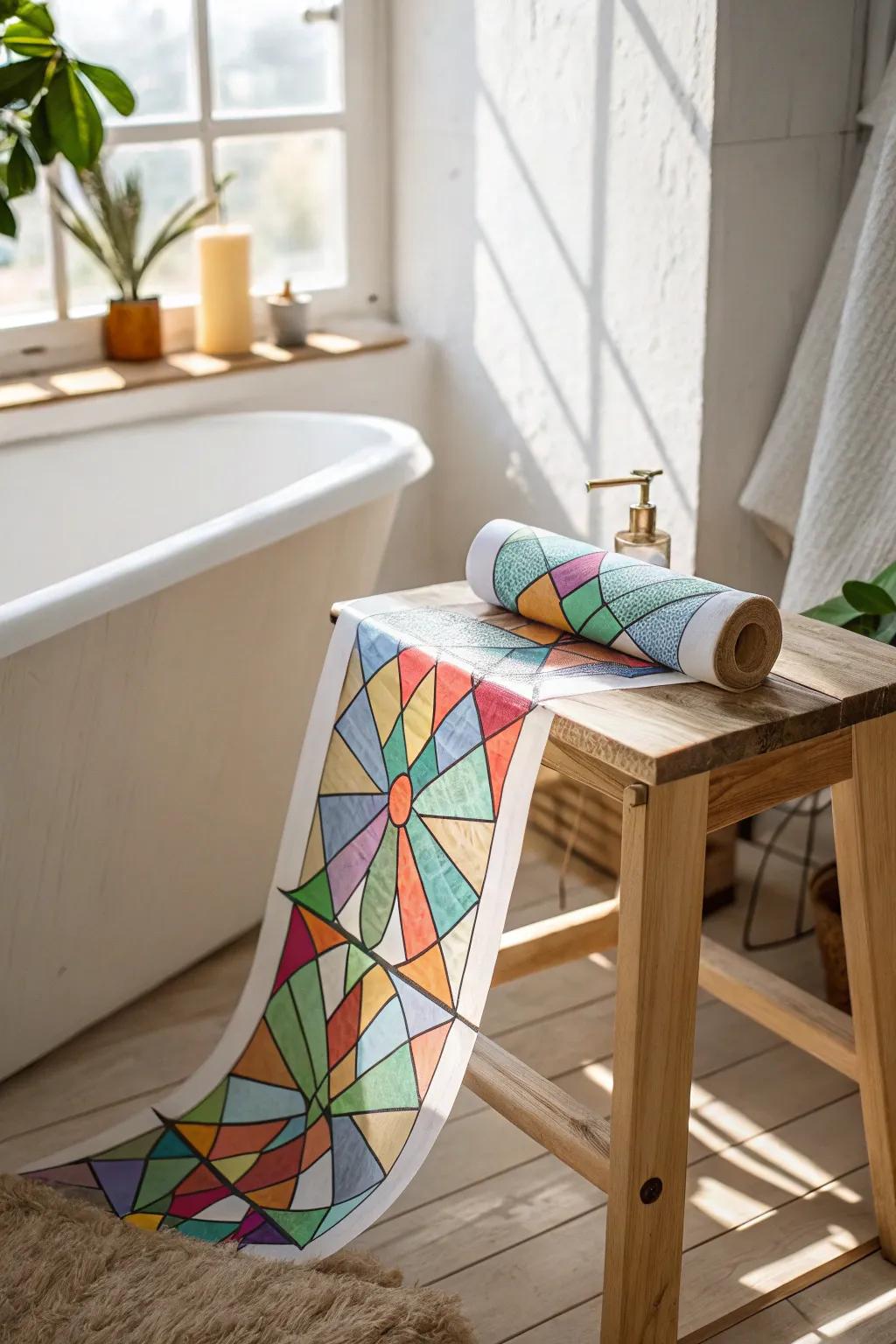 Stained-glass vibes without the remodel: privacy film that adds color and soft, private light.