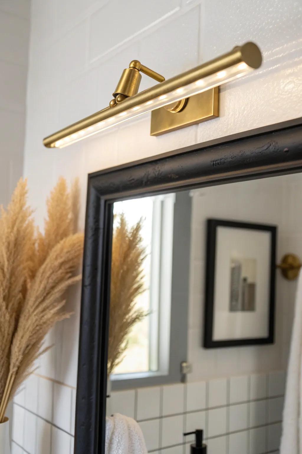 Picture-light over the mirror turns a tiny vanity into a framed, gallery-worthy moment.