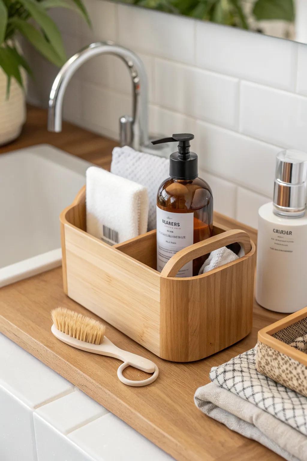 A slim under-vanity cleaning caddy keeps wipes and spray handy for quick, polished cleanups.