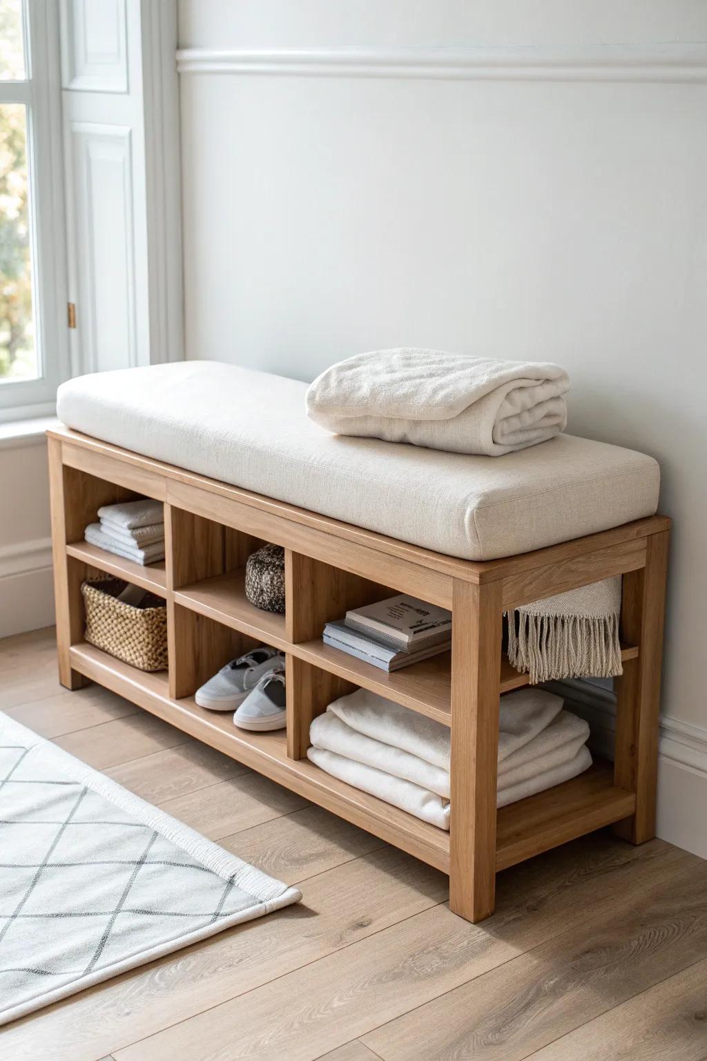 Low shelf + cushioned top = a custom-looking bedroom bench with hidden cubby storage.