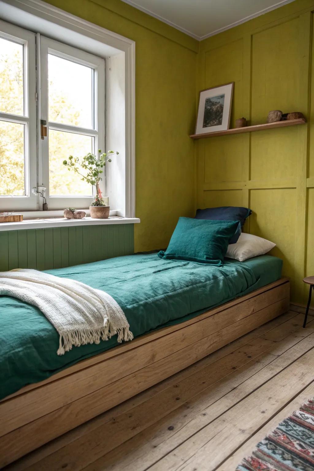 Yellow‑green walls + teal and plum bedding—an unexpected jewel‑tone combo that feels cozy in small nooks.