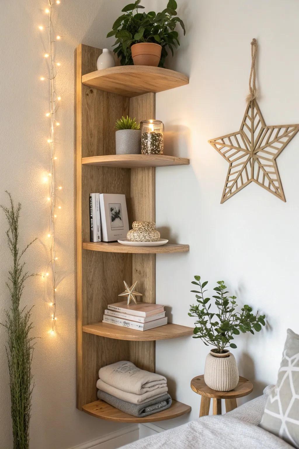 A “night sky” corner shelf: warm hidden LEDs, one plant, a few books, and a star accent.