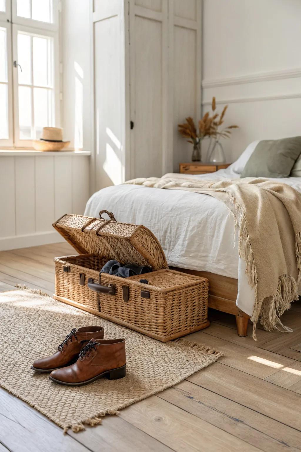 A chic suitcase shoe trunk under the bed—pretty storage that doubles as decor.