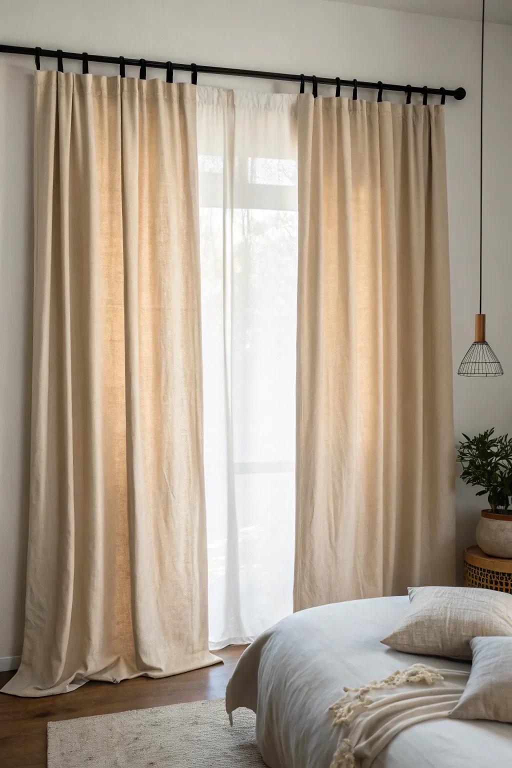 Linen curtain panels hung high and wide create a hotel-cozy, soft backdrop for any bed wall.