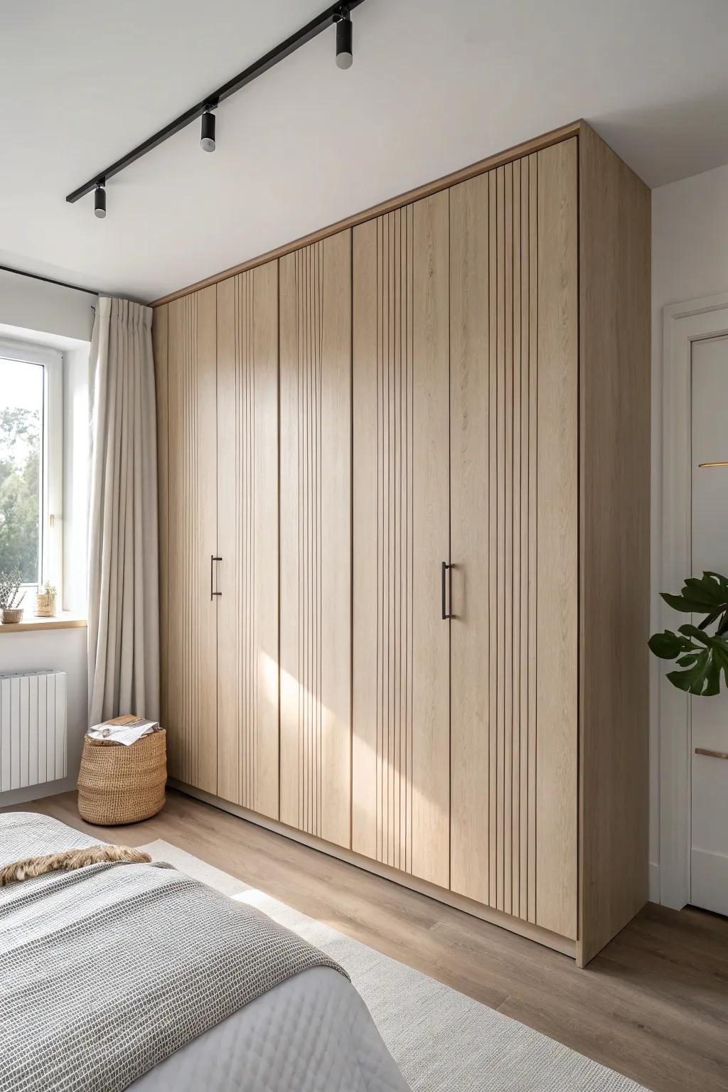 Disguised wardrobe like wall panels—huge storage that visually disappears in a small bedroom.
