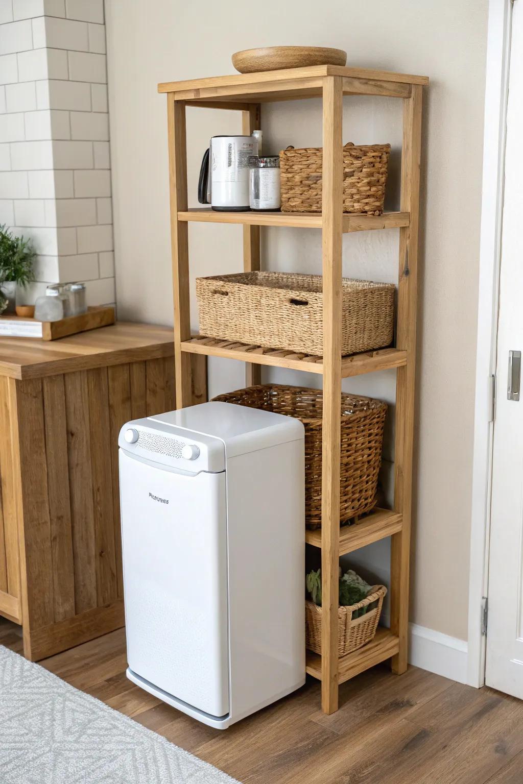 Mini fridge shelf tower: vertical dorm storage that turns snacks and appliances into a calm station.