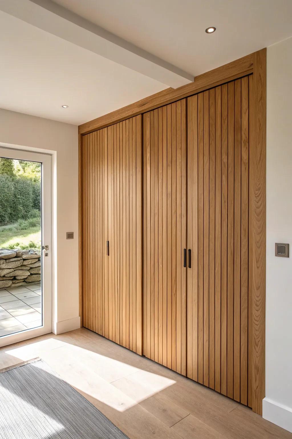 A hidden door wall in warm oak slats—your closet disappears into a calm, custom-looking feature.