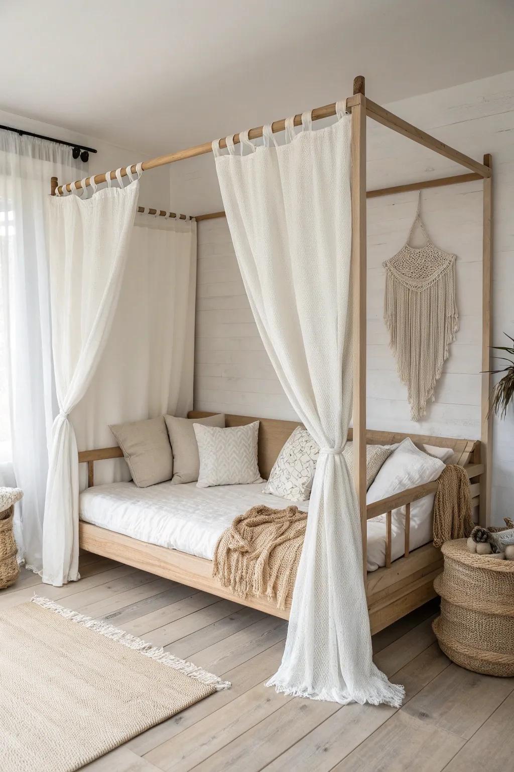 A curtain-wrapped boho daybed cabana that divides a studio and feels instantly luxe.