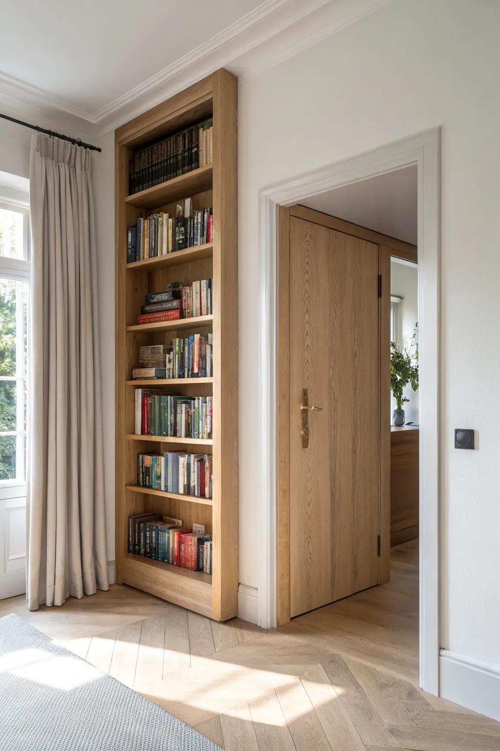 A bookcase that’s secretly a door—clean Scandinavian lines with a hidden cabinet surprise.