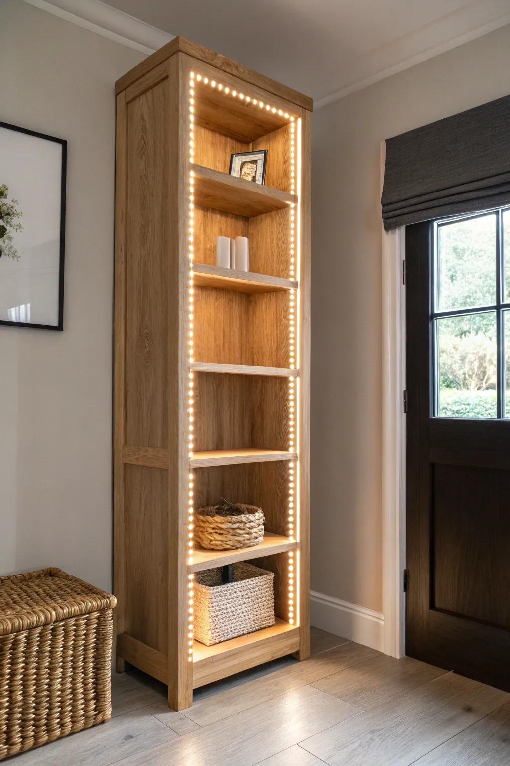 Outline your bookcase with slim LED strips for an architectural glow that elevates small corners.