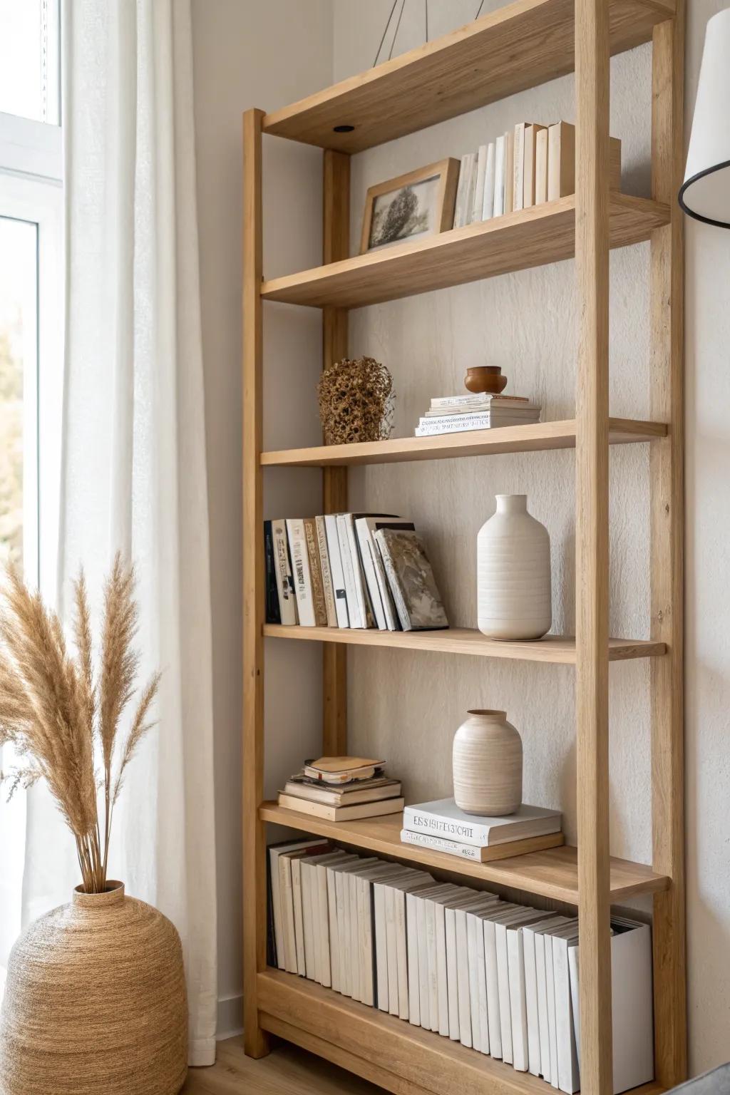 Double-depth shelves made chic—use a low riser to show back-row spines without clutter.