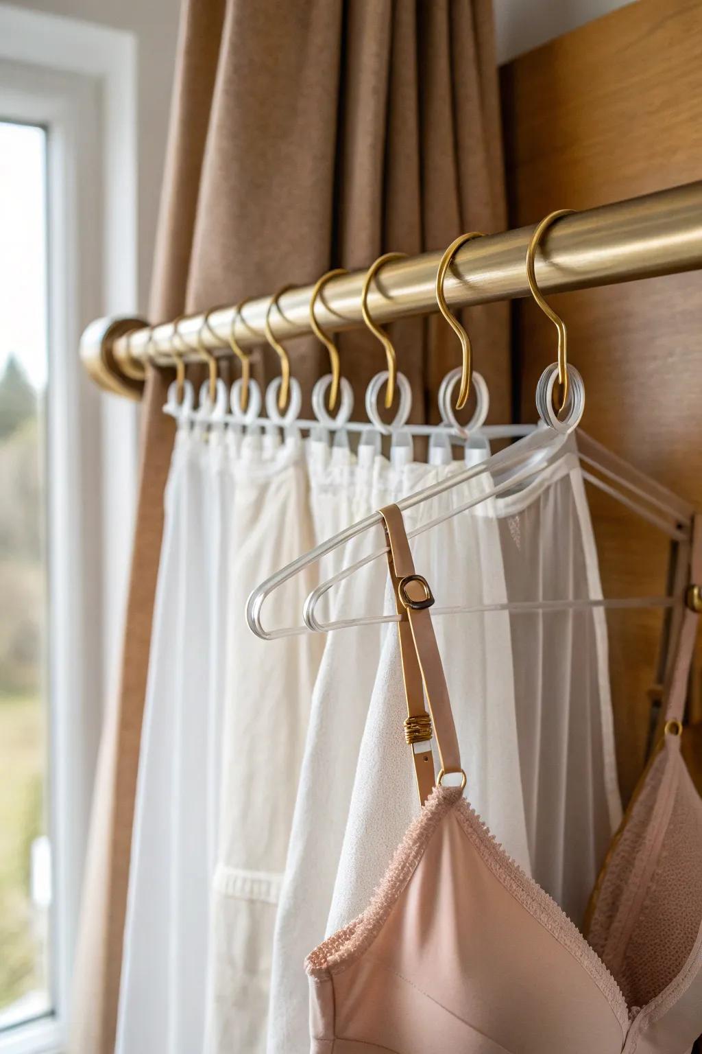 A chic small-space hack: bras stay separated and wrinkle-free on shower rings + a slim rod.