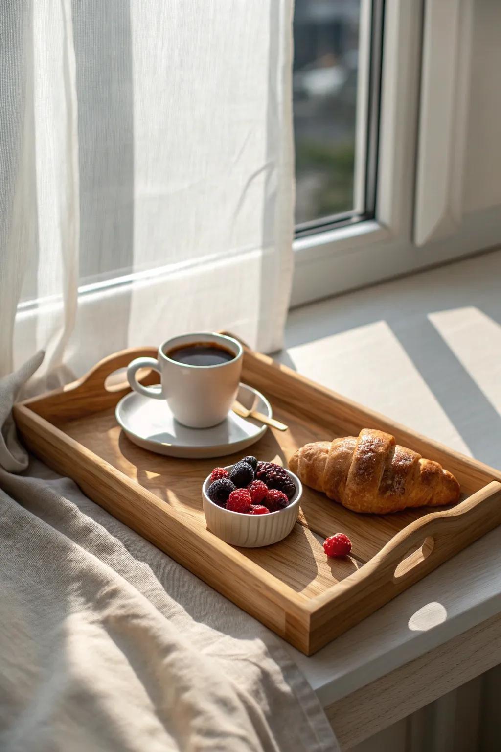 A window-ledge sunrise tray: coffee, croissant, berries—your tiny home’s mini café moment.